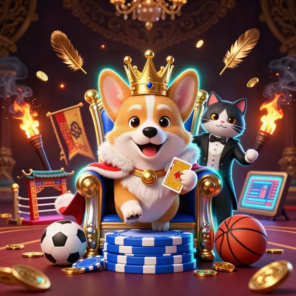 Royal corgi and cat butler amid casino sports props, embers, temple gate, and glowing lights