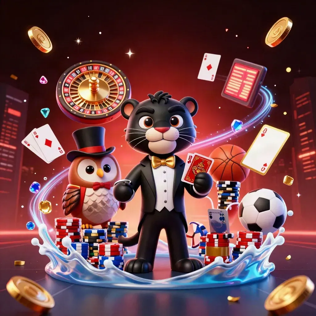 Panther, owl, and mouse in a luxury casino scene with chips, cards, coins, and glowing effects.