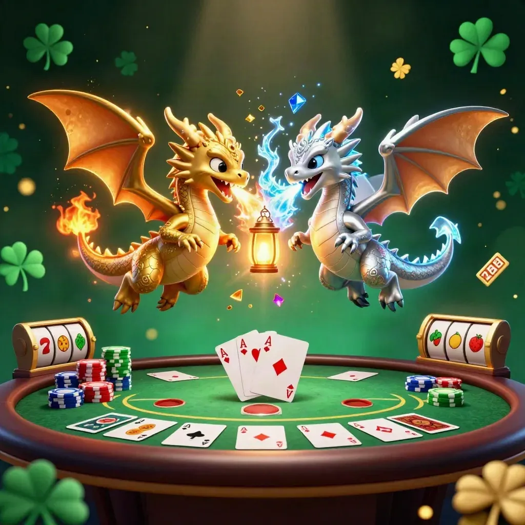 Twin gold and silver dragons battle in a casino fantasy scene with chips, cards, and glowing effects.