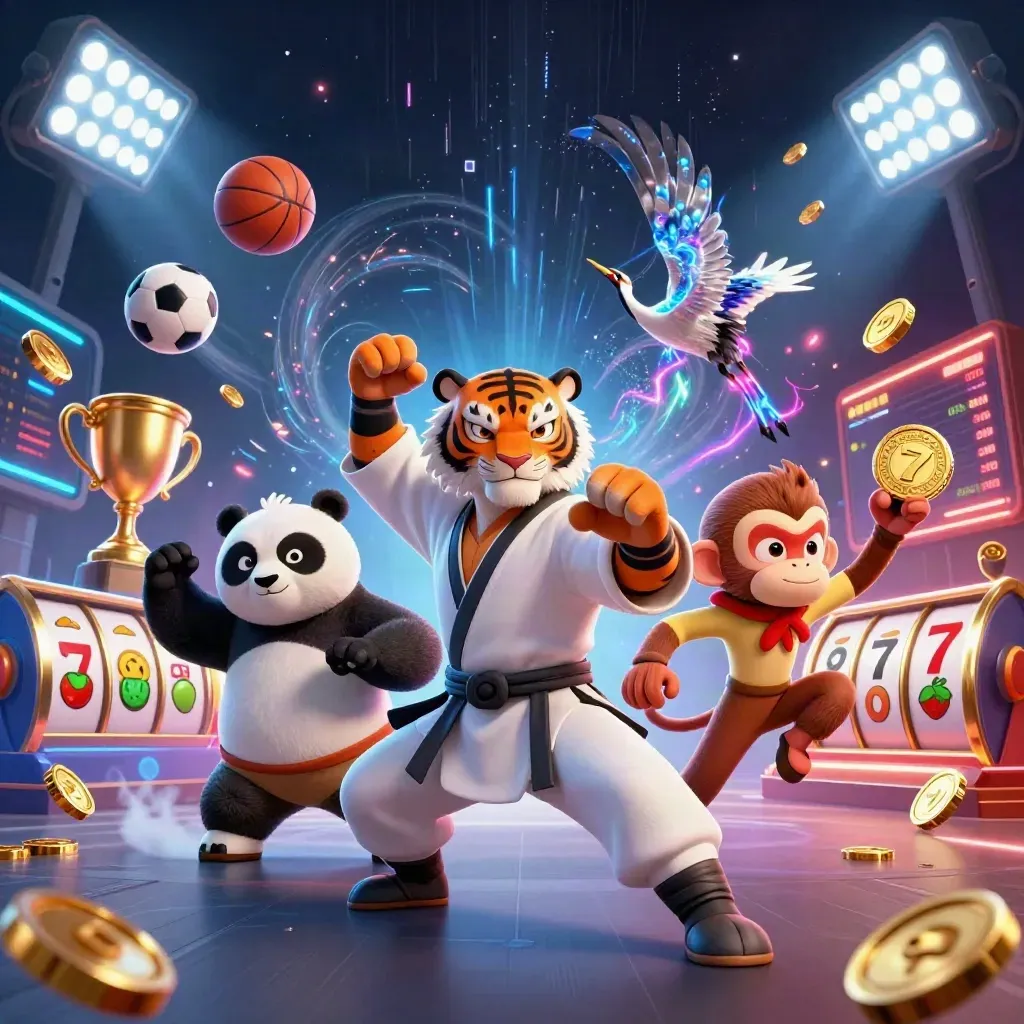 Kung-fu tiger, panda, and monkey hero team amid casino-energy sports chaos