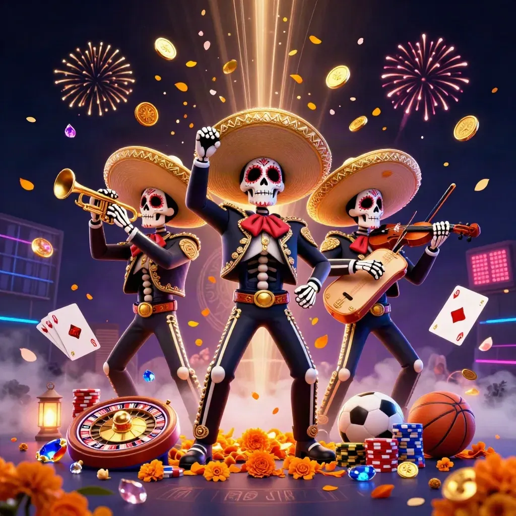 3D skeleton mariachi trio amid flying coins, roulette wheel, chips, gems, and neon casino energy