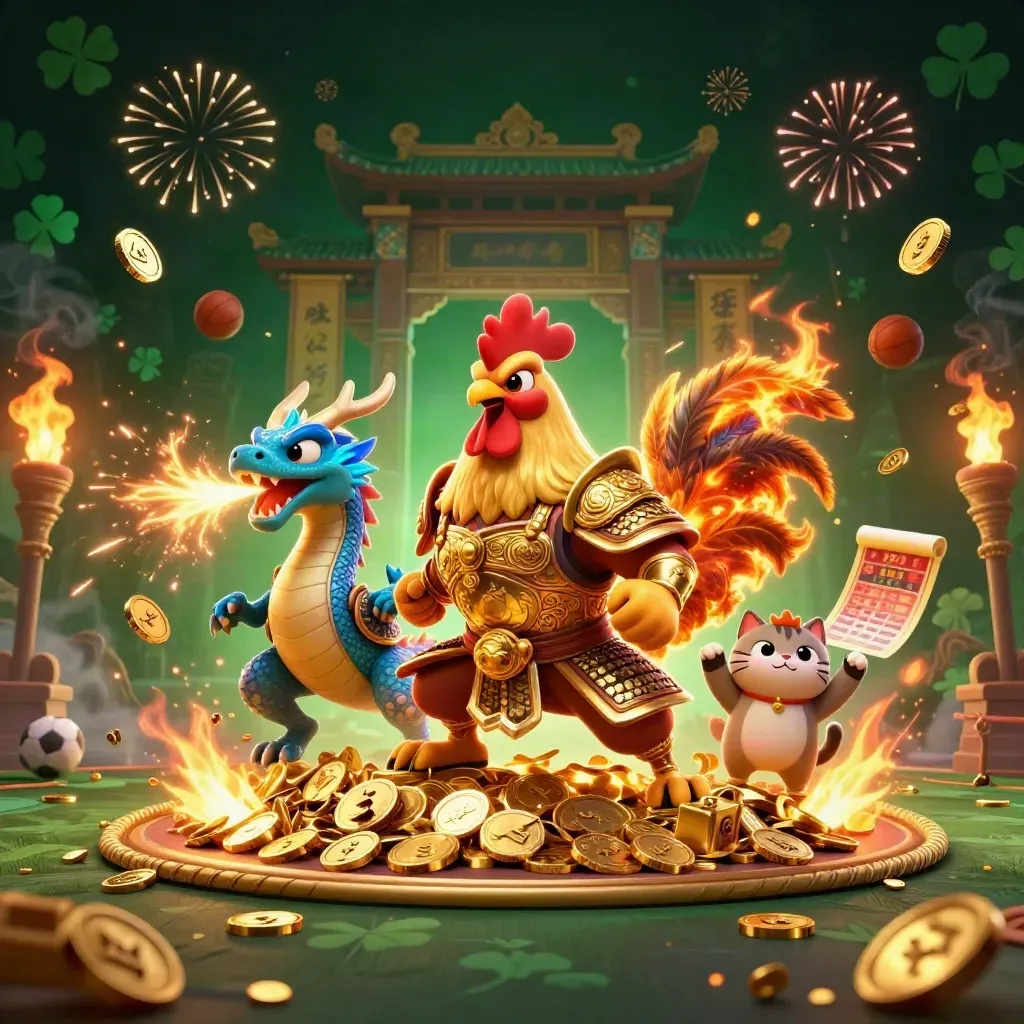 Rooster warrior, dragon hatchling, and fortune-cat amid coins, fireworks, and casino treasure.