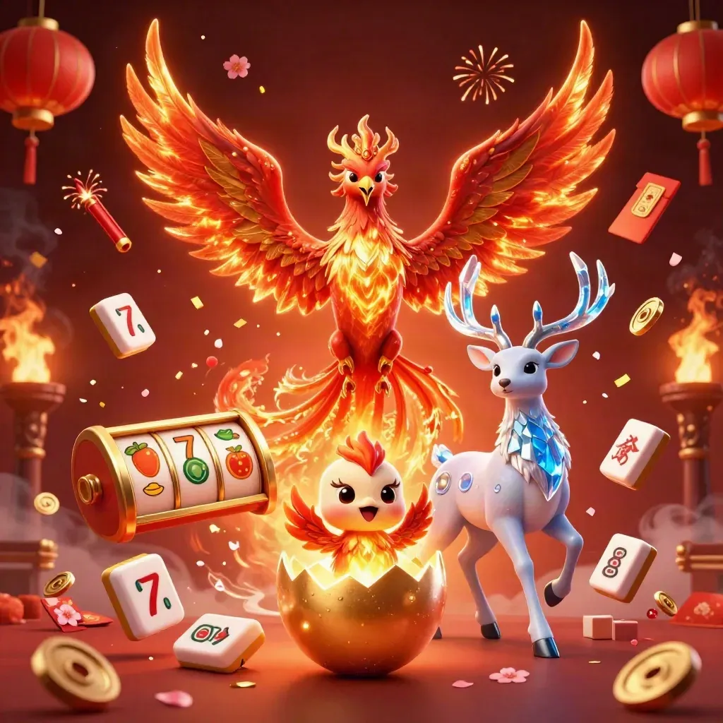 Phoenix, baby phoenix, and crystal stag amid casino symbols on a fiery navy background.
