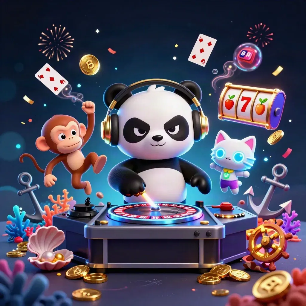 DJ panda, monkey, and glow kitten in a casino treasure cove with roulette turntables