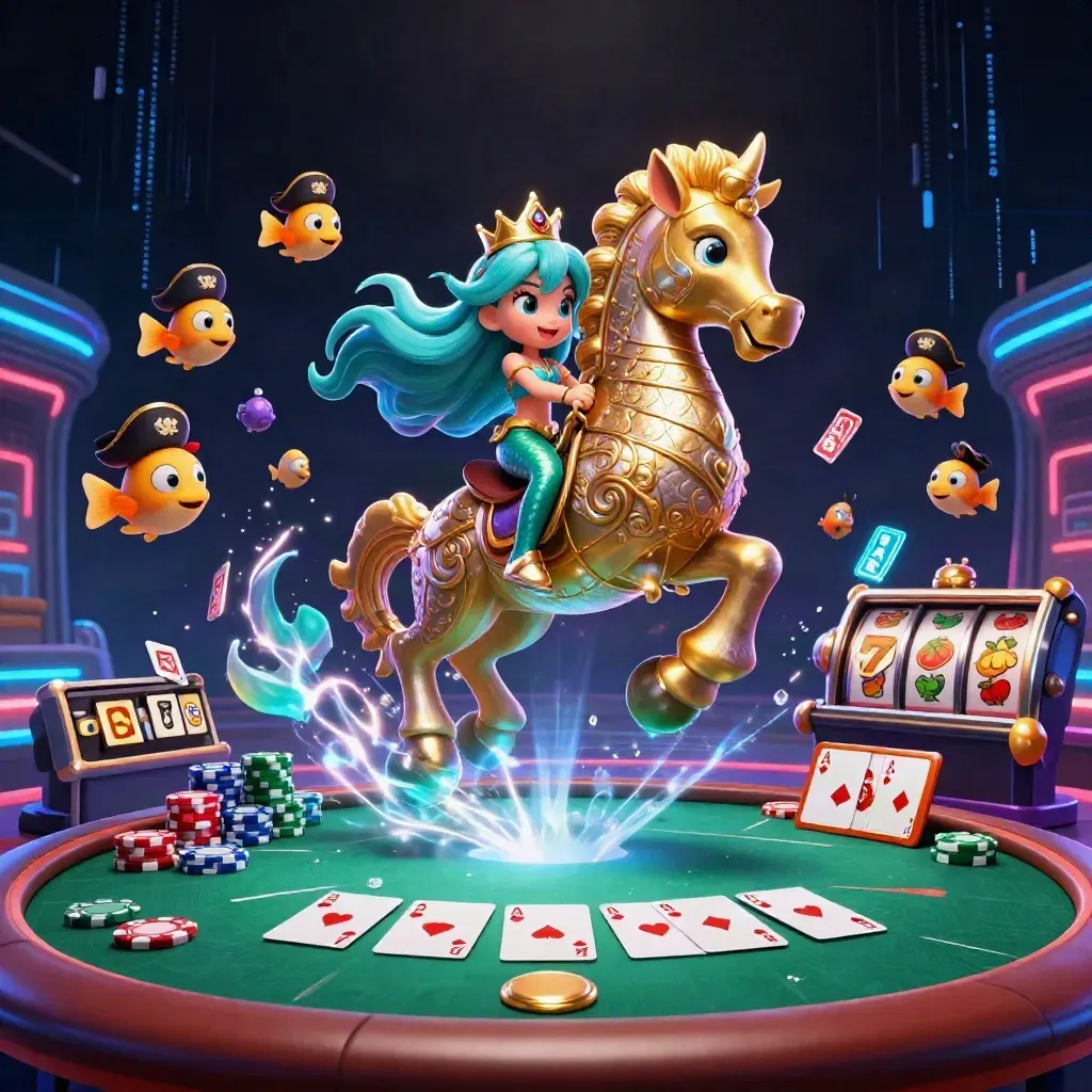 Mermaid princess on armored seahorse amid pirate fish, casino chips, cards and neon energy